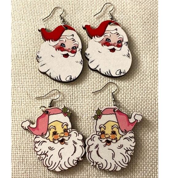 NEW! Two Pairs Of Santa Earrings - Red Santa & Pink Santa Jewelry - Picture 9 of 10